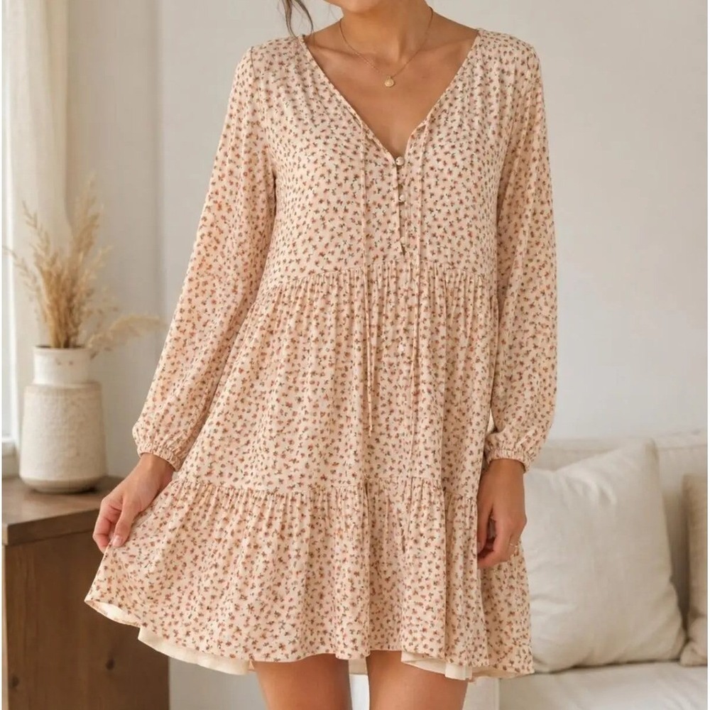 American Eagle Floral Babydoll Mini Dress XS Cream Tiered Boho Cottageโ Prairie